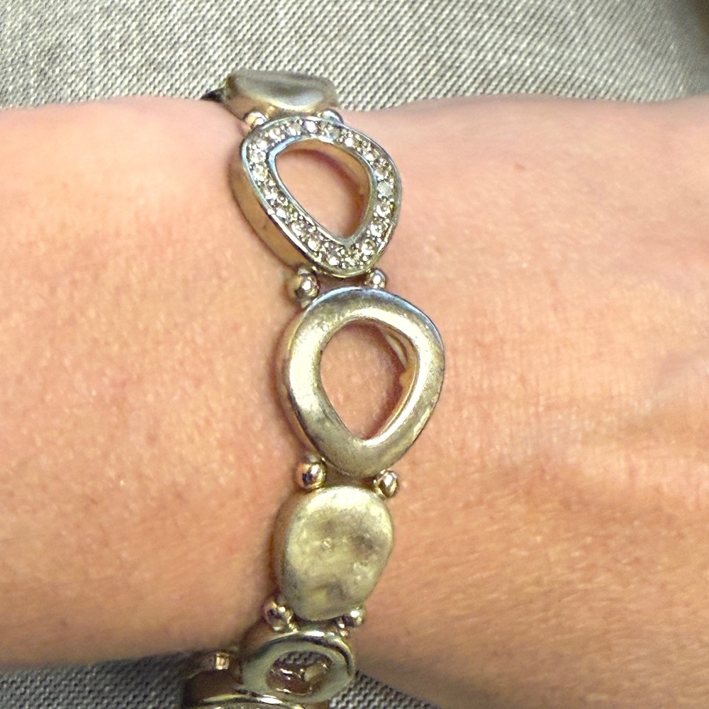 Gold Tone Organic Pebble and Crystal Pave Open Link Stretch Bracelet